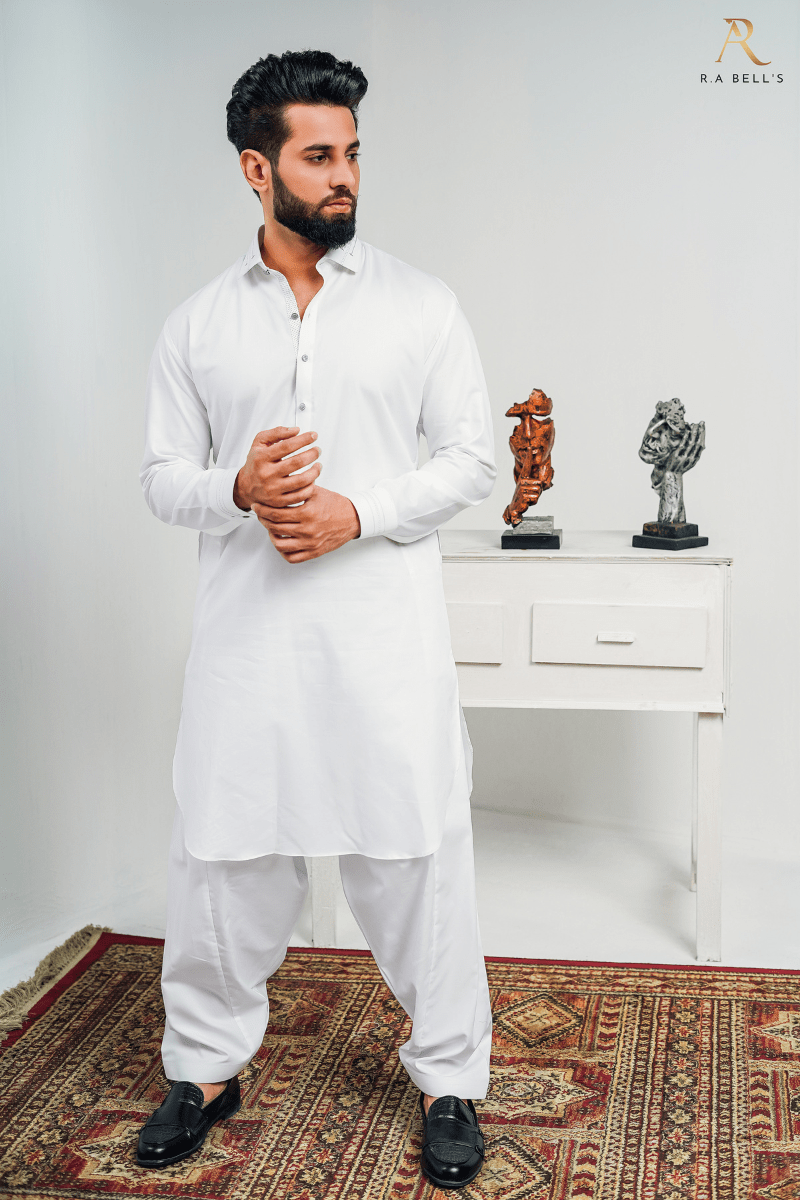 Pearl White Shalwar Kameez RA Bells