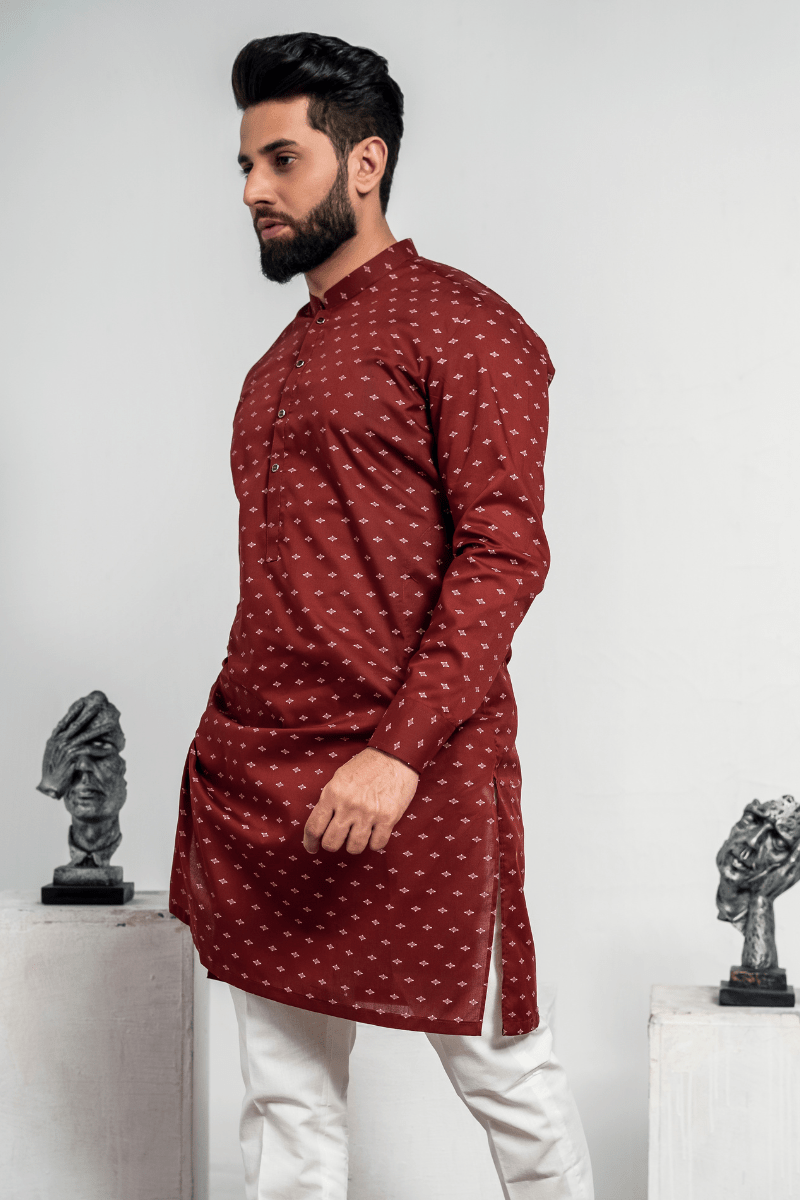 Dark Maroon Printed Kurta with white Pajama